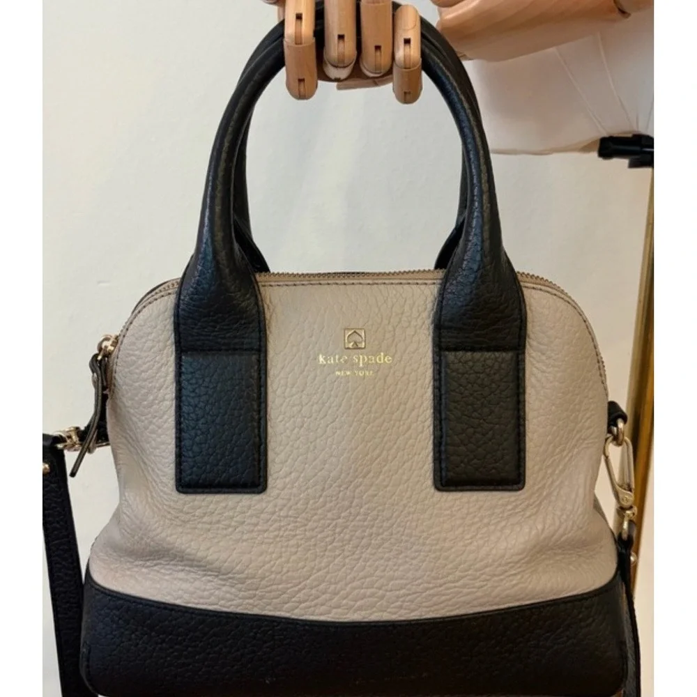 Kate Spade New York Pebbled Leather Colorblock Satchel Crossbody Bag Beige Black